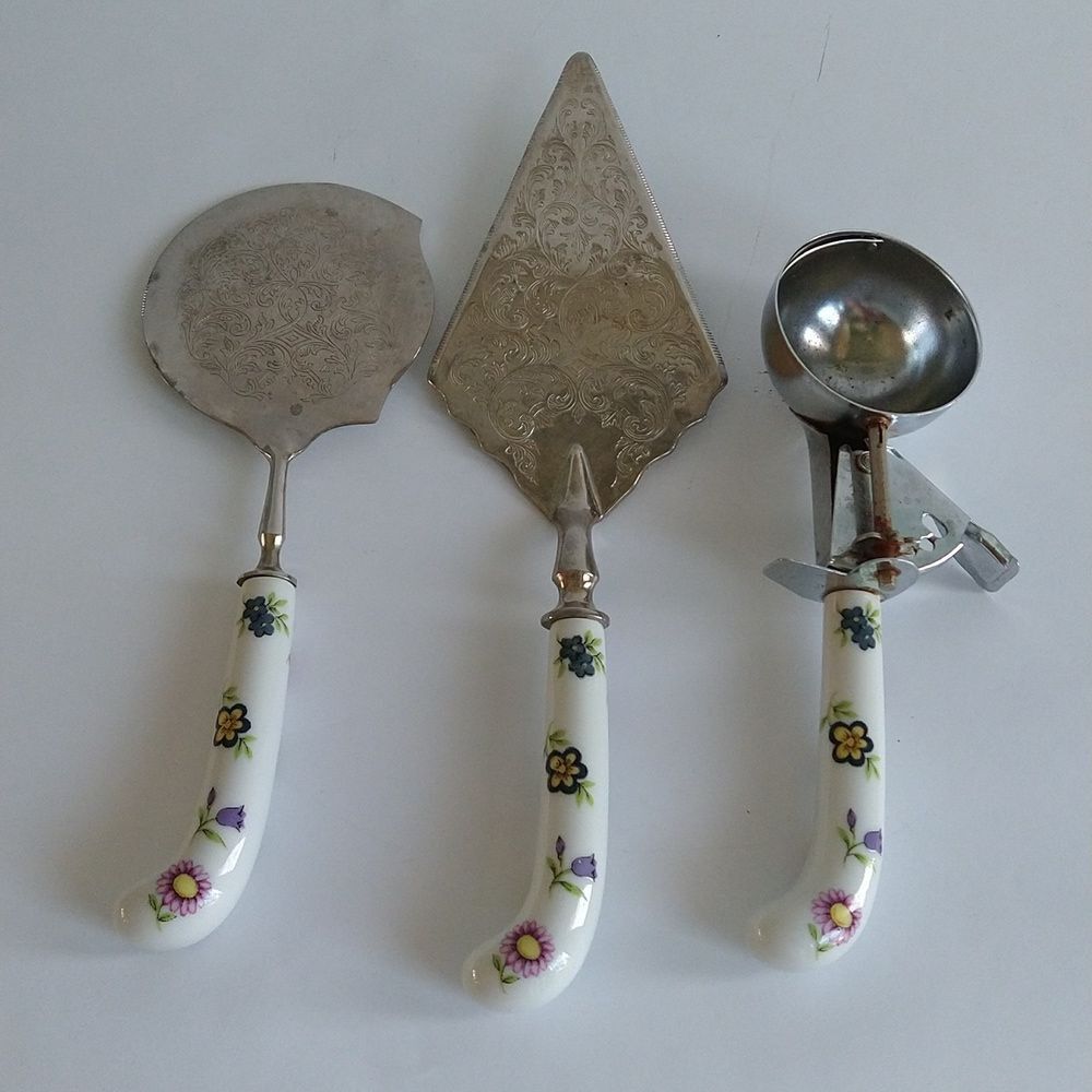 Vintage Raimond Silver Plate Serving Set Porcelain Floral Cake Ice Cream Cheese